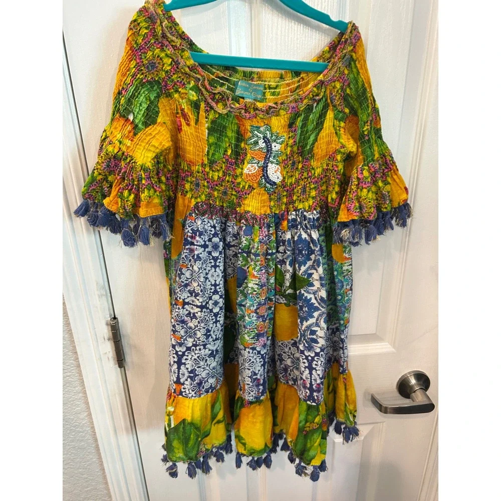 Antica Sartoria Dress Yellow Patchwork Lemon Beaded Tassel Boho Summer Kids OS